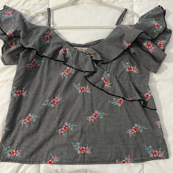 Gypsies & Moondust Juniors Blouse Ruffled Black White Gingham Off Shoulder - Picture 4 of 7